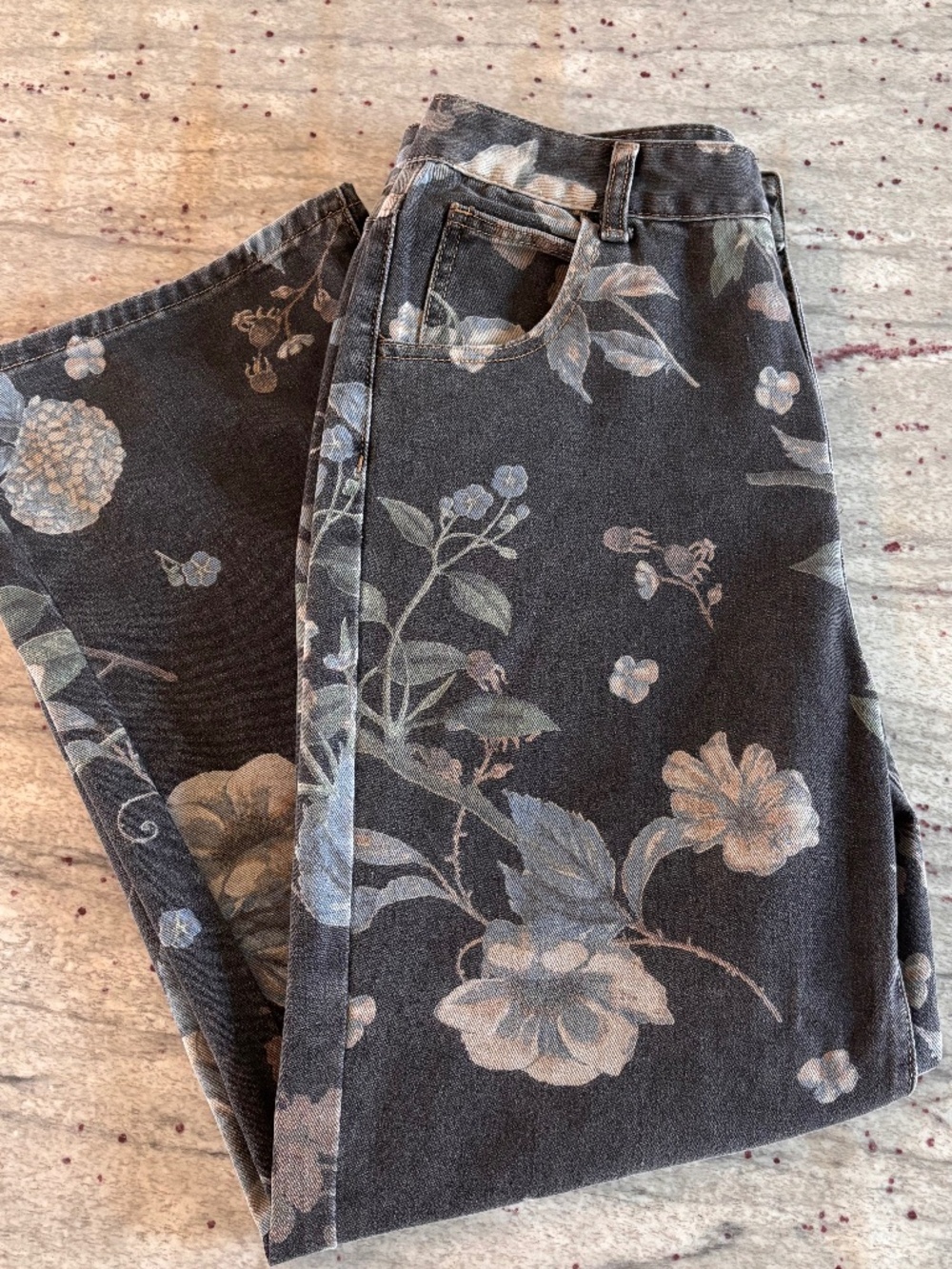 Floral Womens Wide Leg Jeans - High Waisted Faded Black Dazy Size L